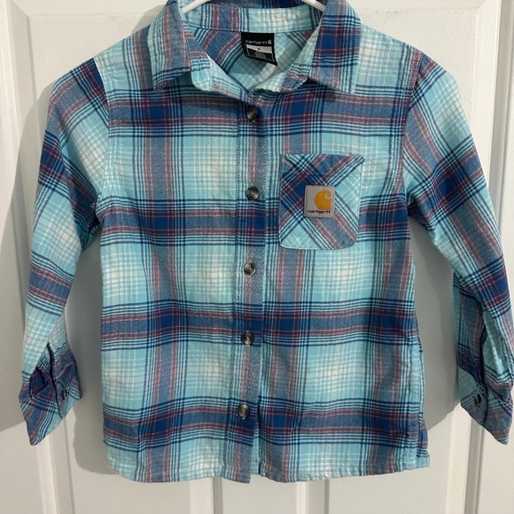 Carhartt Kids Girls Flannel Shirt Size 6 Blue Plaid Long Sleeve Button Up Top - Picture 1 of 6